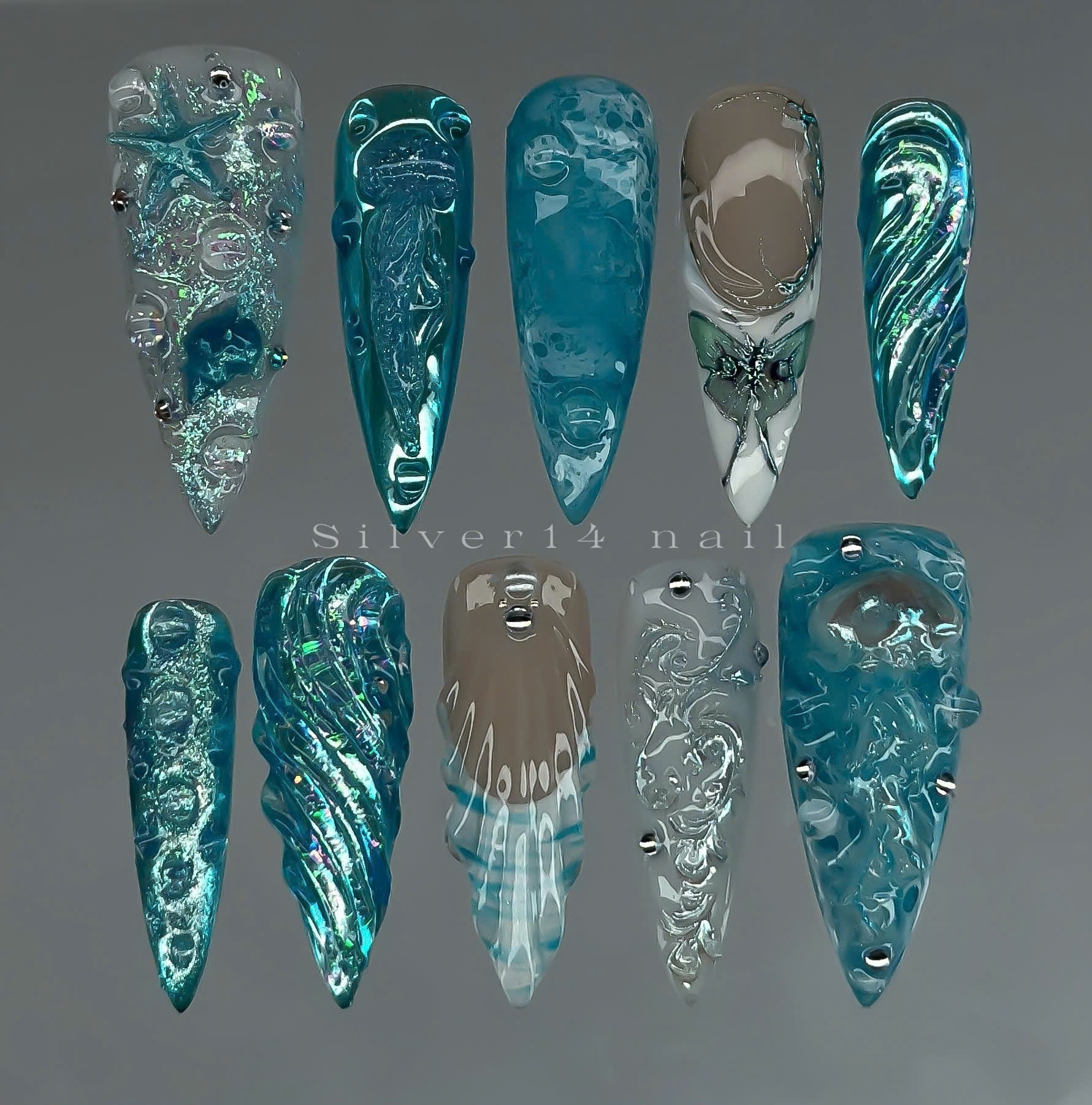 Azure Abyss Mermaid 3D Press-on Nails (38)